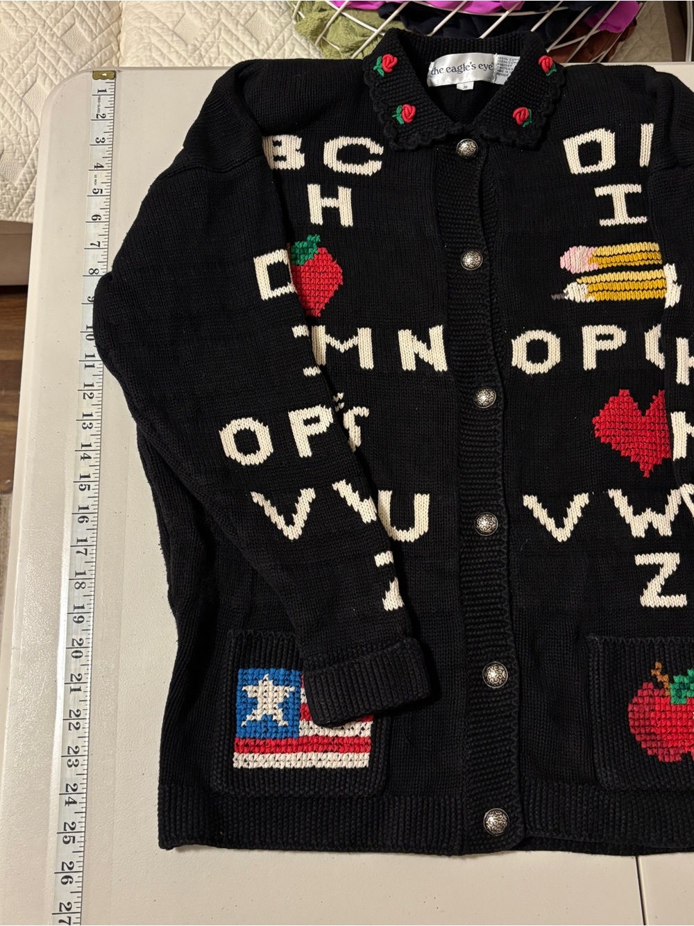 Vintage Novelty Alphabet Sweater Size S Black Grandma Teacher Cat Cottagecore - Picture 5 of 8